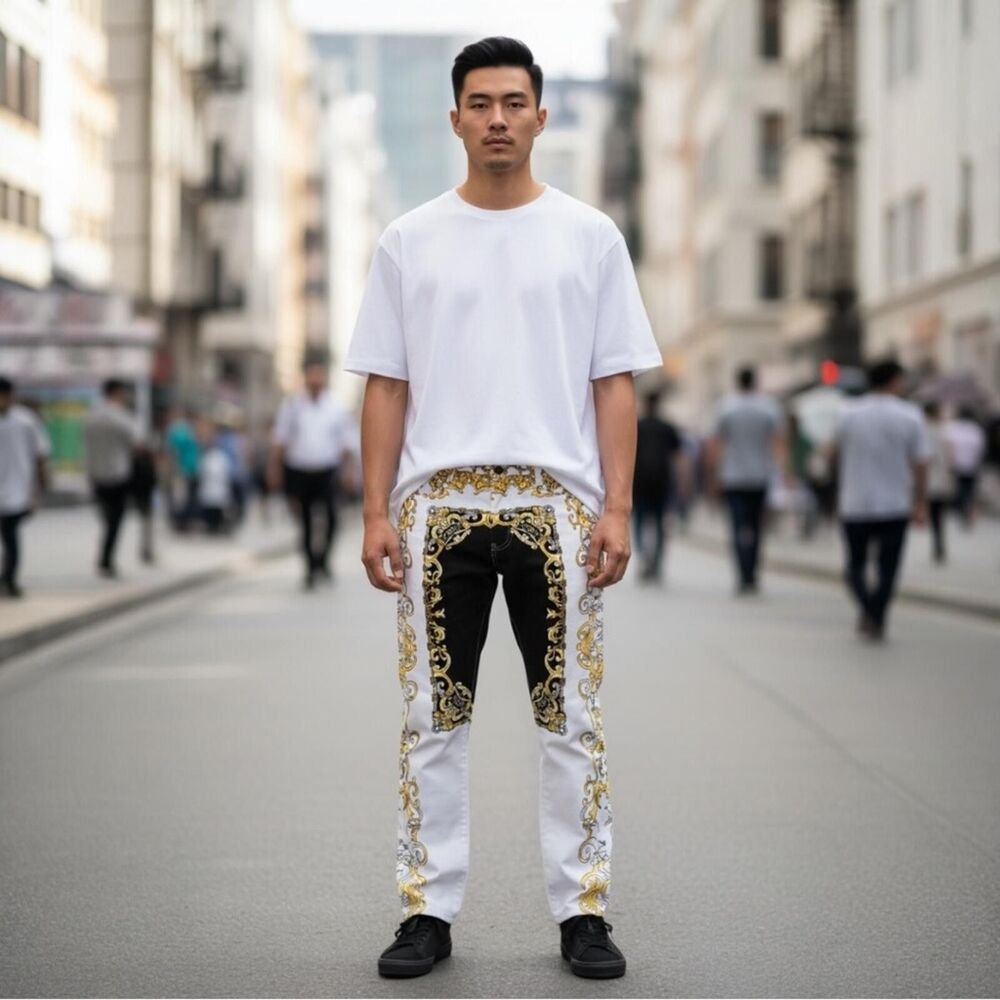 Fashion Jeans Men's Gold Baroque Print Slim Fit Jeans NWT